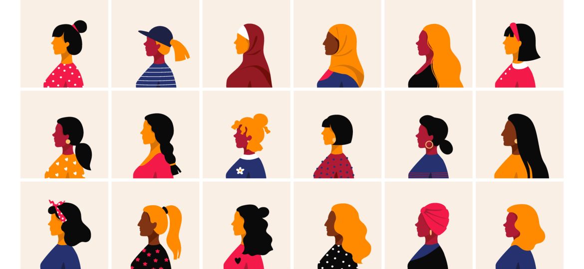 Woman profile. Female head side view, minimal cartoon faces. Cute people with haircuts and hairstyles. Collection of different girl avatars, square banners set. Vector human portraits (Demo)