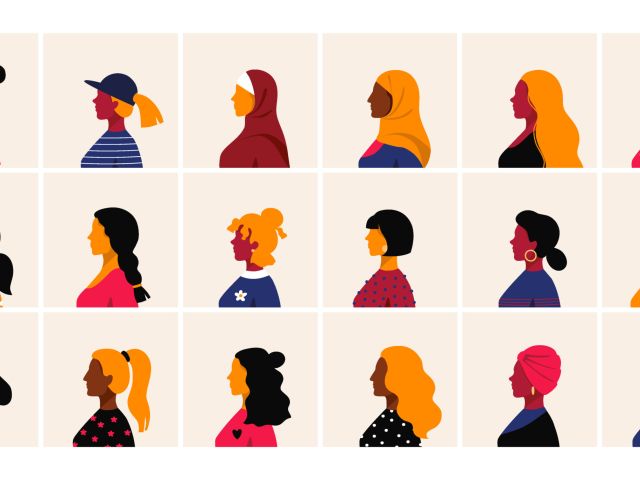 Woman profile. Female head side view, minimal cartoon faces. Cute people with haircuts and hairstyles. Collection of different girl avatars, square banners set. Vector human portraits (Demo)