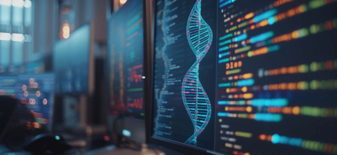 Detailed view of a computer interface used by geneticists showing a complex genome mapping software with colorful DNA strands without displaying any personal identity in a modern research lab