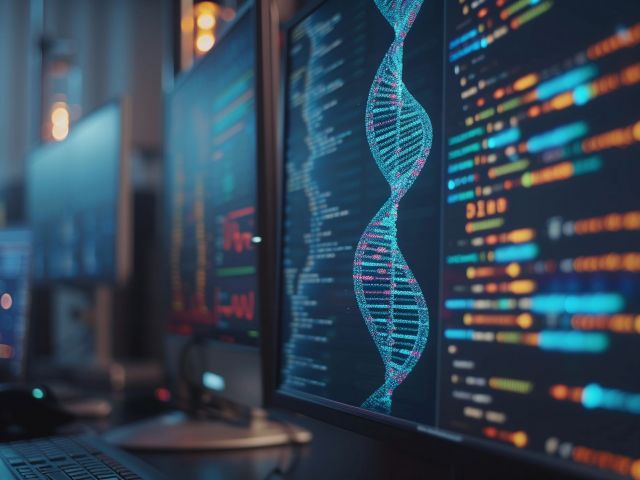 Detailed view of a computer interface used by geneticists showing a complex genome mapping software with colorful DNA strands without displaying any personal identity in a modern research lab