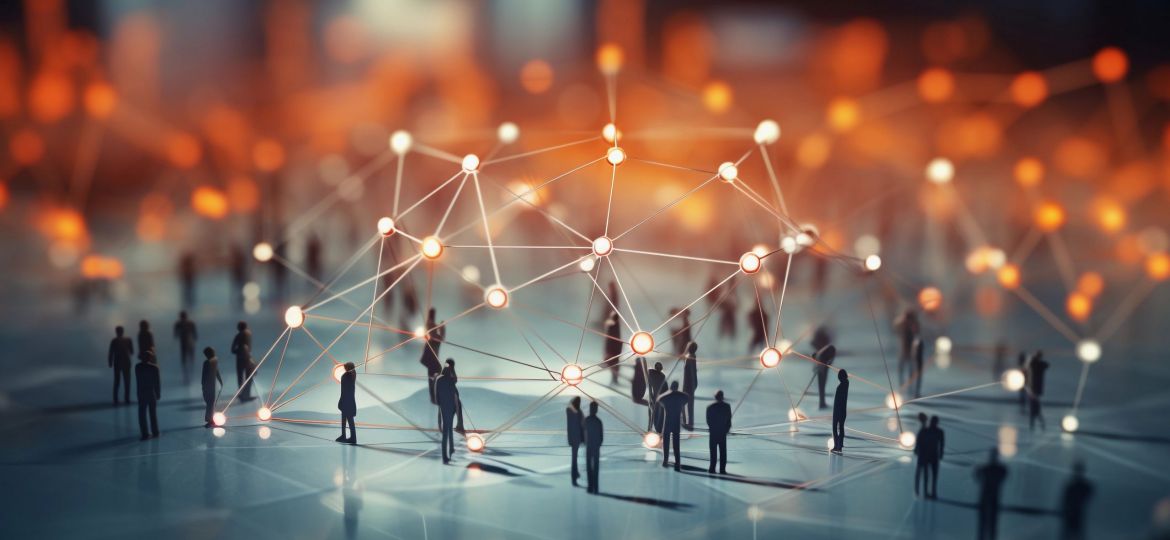 Design an illustration that visualizes the expansion of a business network, using interconnected nodes to represent partnerships, collaborations, and increased connections, AI generated