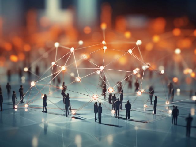 Design an illustration that visualizes the expansion of a business network, using interconnected nodes to represent partnerships, collaborations, and increased connections, AI generated